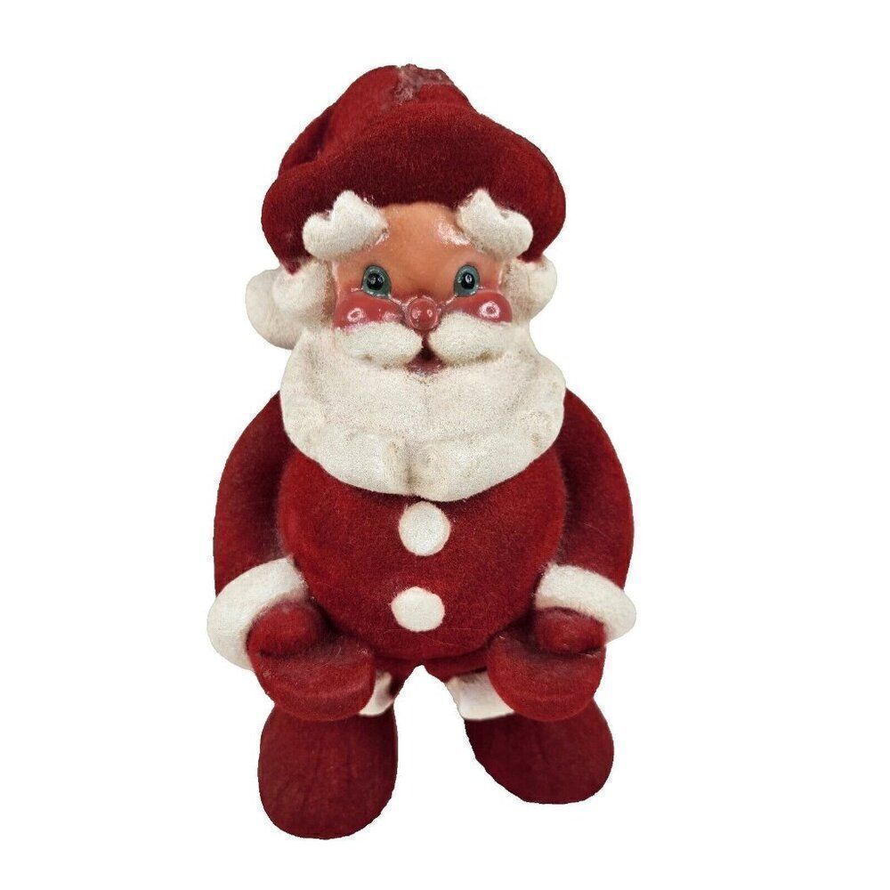 Vintage 50s Flocked Velvet Santa Claus Figurine Ceramic Jolly Red Cheeks 10"